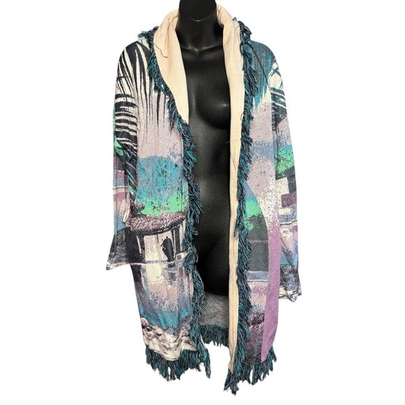 Aldo Martins printed knit tassel shawl collar longline cardigan jacket small - Picture 1 of 11